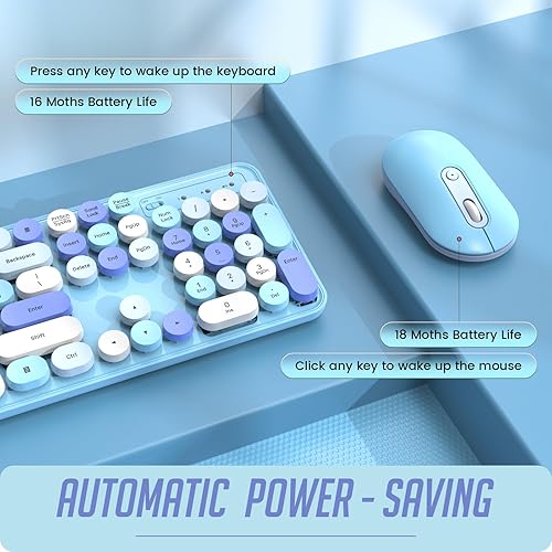 Vista 43 de Teclado y mouse inalámbricos, teclado silencioso y mouse combinados, teclado colorido de tamaño completo con teclas redondas, bonito mouse de 2.4 G
