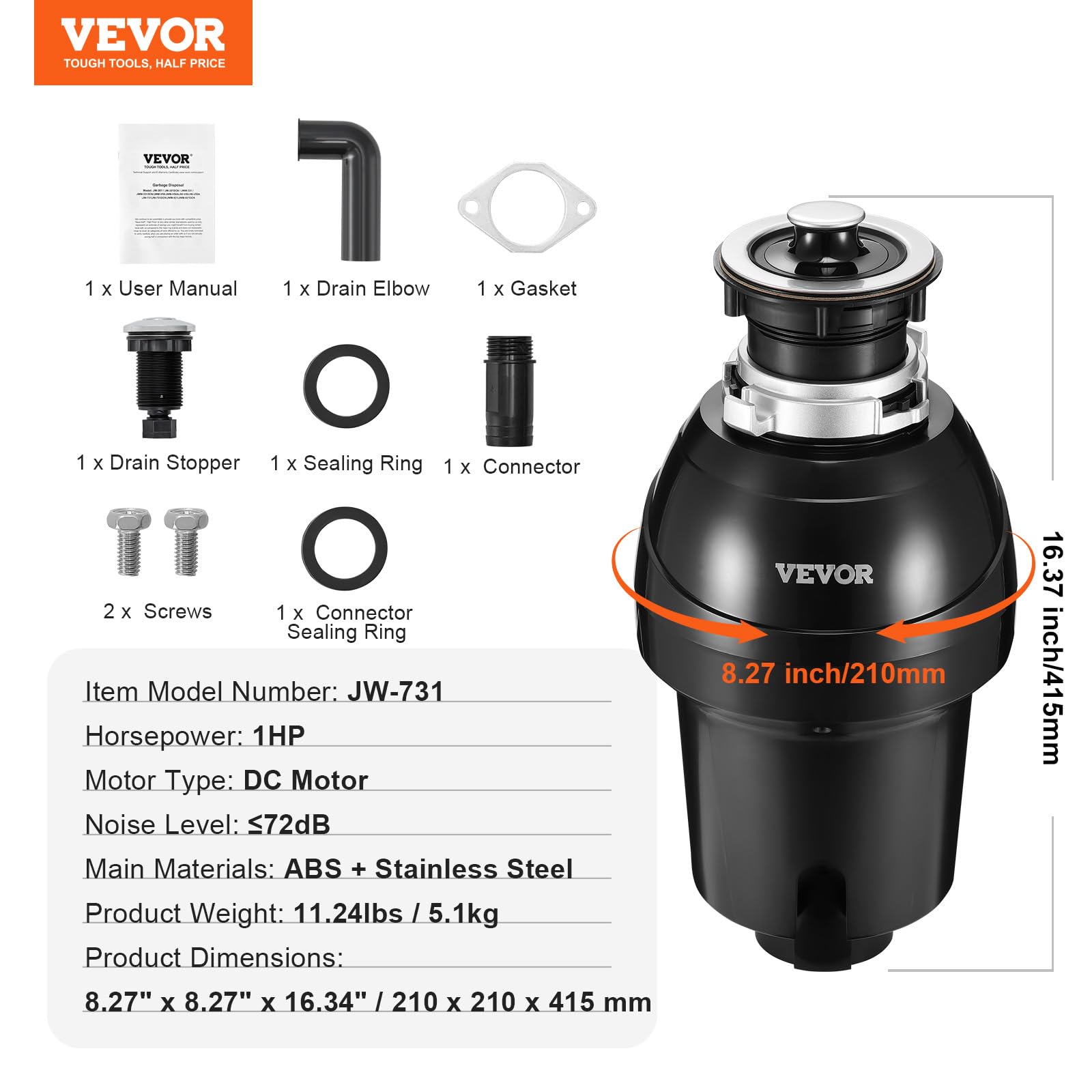 VEVOR Tritarifiuti per Lavello da Cucina, 0,74 kW, Sistema di Smaltimento Rifiuti Alimentari in Acciaio Inox, Motore CC, Supporto EZ, 3960 giri/min, con Cavo di Alimentazione, Paraspruzzi per la Casa
