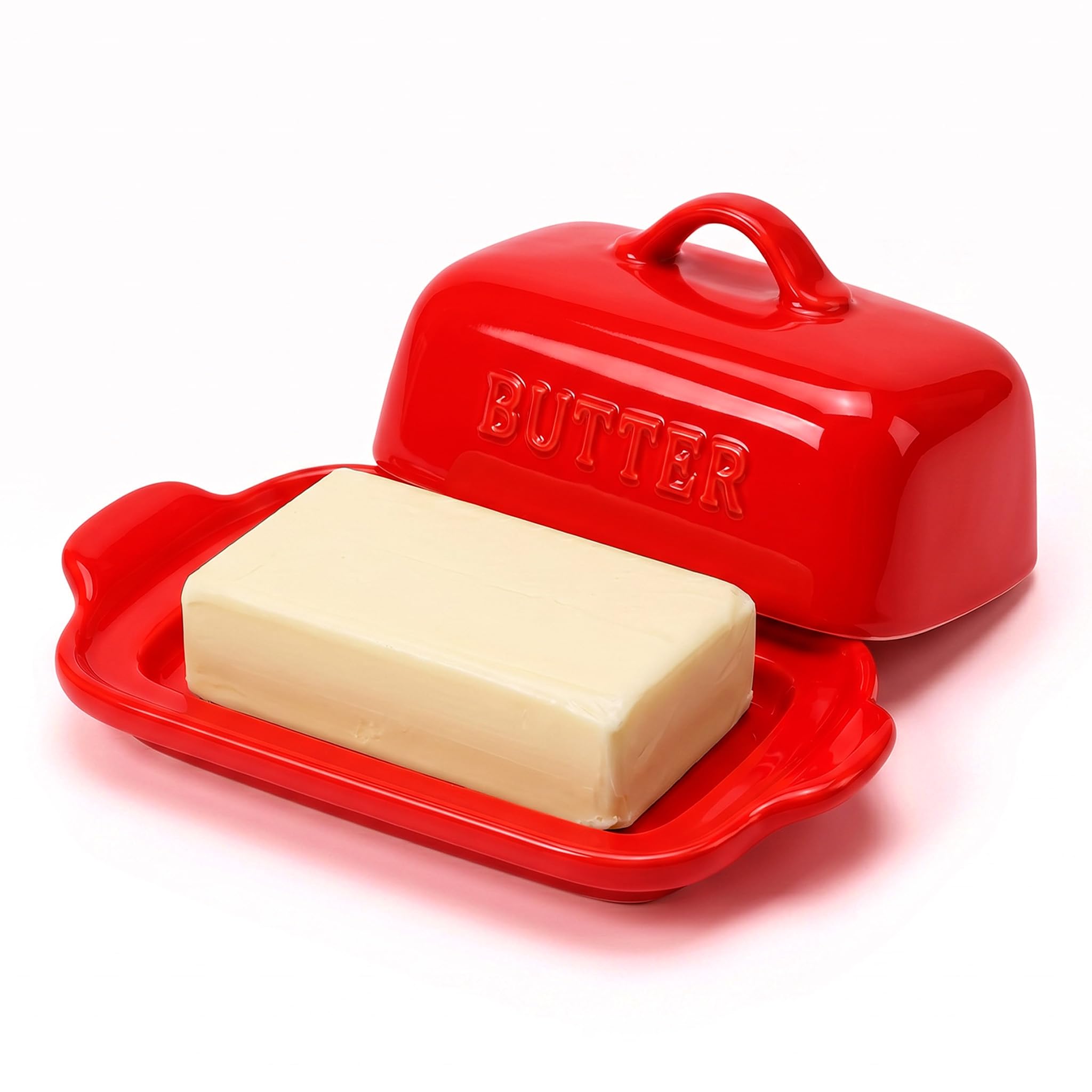 Große Keramik-Butterdose mit Deckel, passend für 500 g und 250 g Butterblöcke, Butterbehälter für Küchentheke, Butterschale, Marke JSHKY, Weiß.