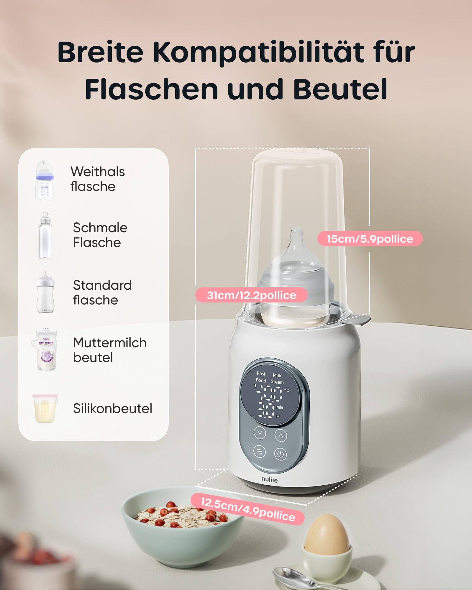 Flaschenwärmer Baby, Nuliie 10-in-1 Elektrischer Flaschenwärmer für Muttermilch oder Milchnahrung mit Intelligenter Temperaturregelung und Automatischer Abschaltung, 220V