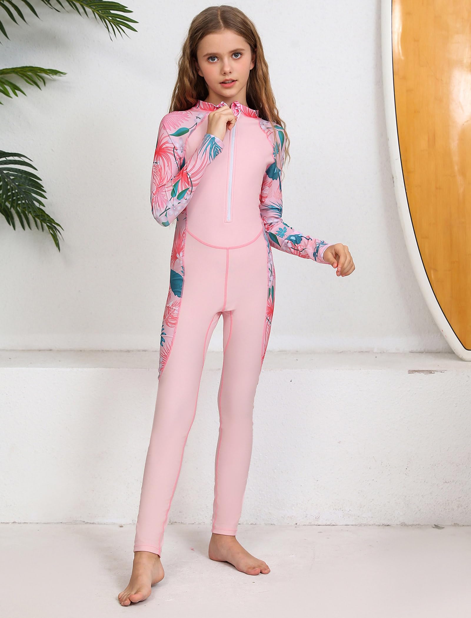 Odizli Burkini - Costume da bagno intero per bambine e ragazze, con stampa floreale, a maniche lunghe, con cerniera