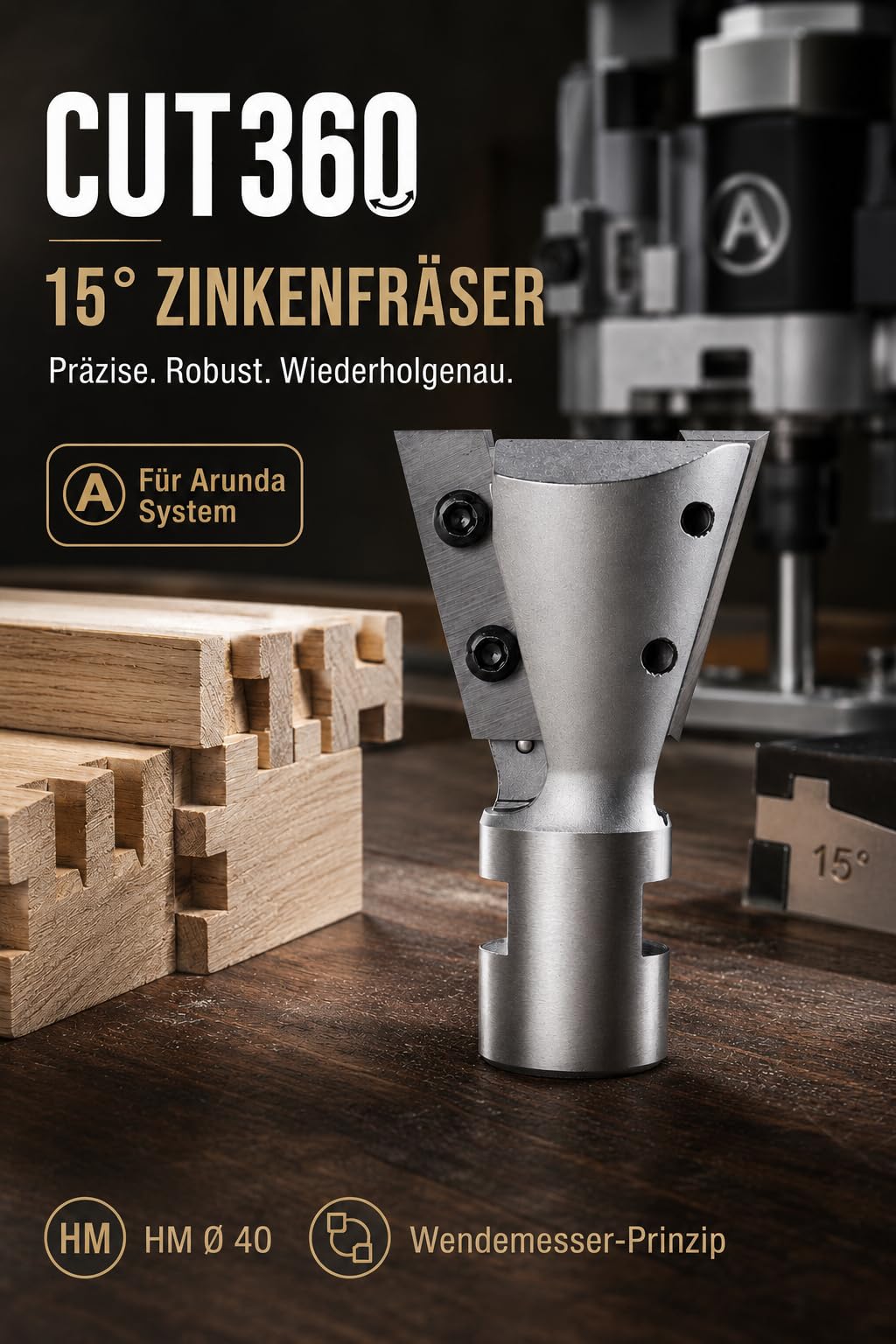 CUT360 - Zinkenfräser/Schwalbenschwanzfräser 15° für Arunda® System | Ø 40 HM, rechts | AL 31,5 mm, GL 65,5 mm | Schaft M12x1 | inkl. Wendemesser | Wendeplatte 901.315.09.00