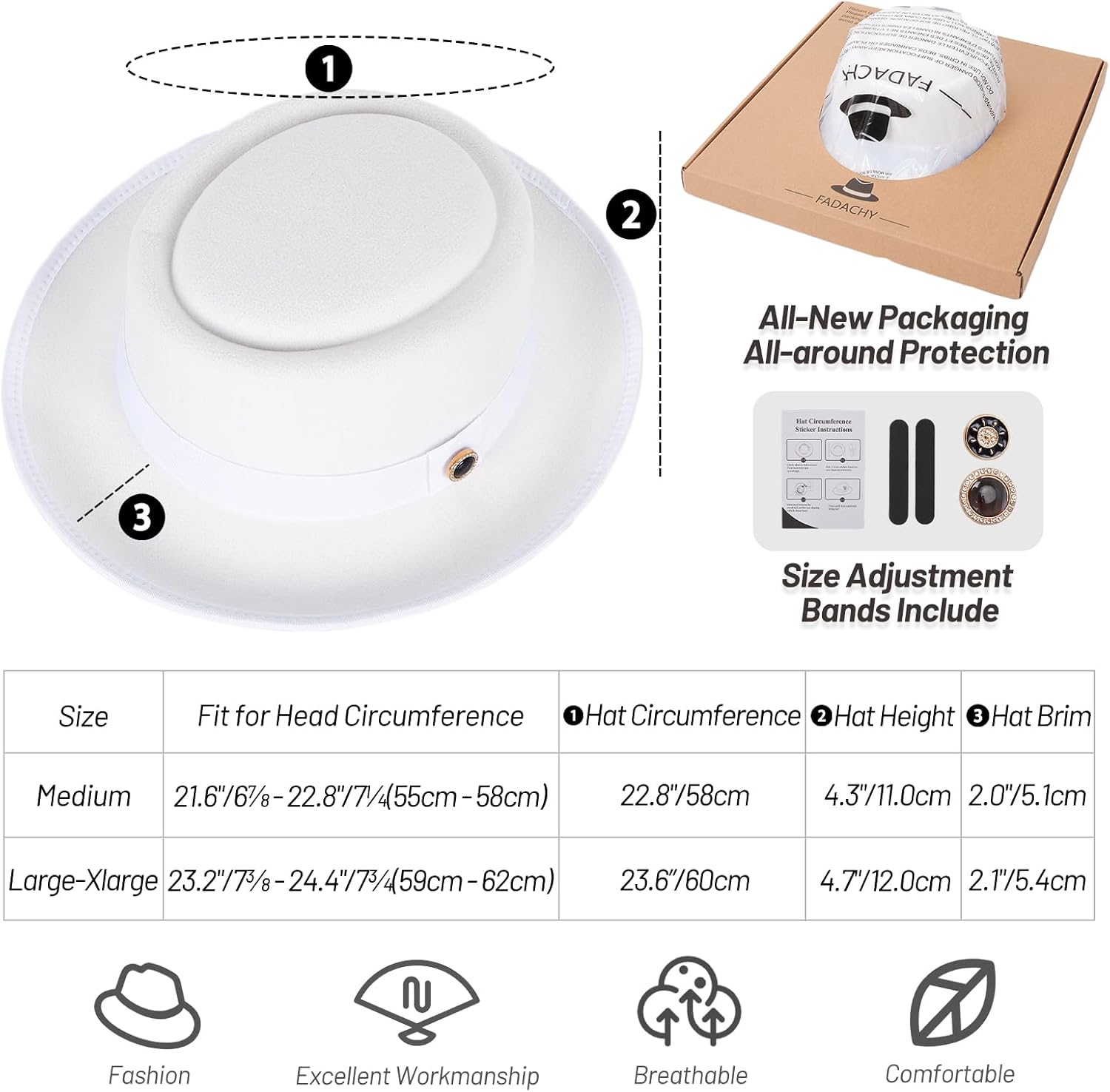 FADACHY Fedora Hats for Men & Women Pork Pie Hat Flat Top Felt Hats Panama Wide Brim Dress Hat