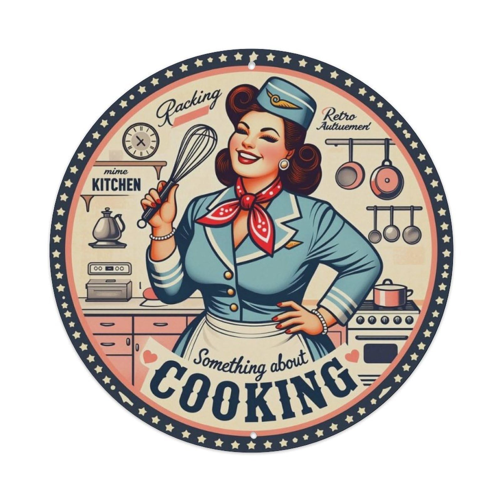 American Retro Cooking Lady Kitchen Round Decor Sign Vintage Aluminium Metal Sign, Retro Wall Decor for Home, Bar, Garage & Farmhouse 20x20cm