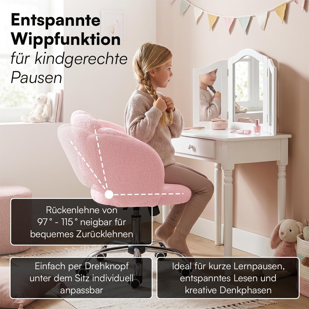 Bellabino Meli Kinderschreibtischstuhl in Wolkenform rosa – 360° Drehstuhl für Kinder- & Jugendzimmer – ergonomischer Kinderstuhl höhenverstellbar – gepolsterter Kinder Schminktischstuhl mit 5 Rollen