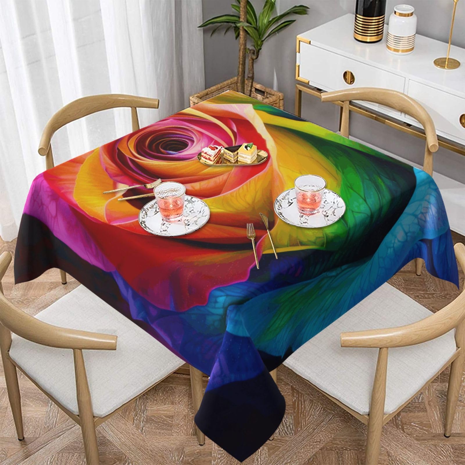 WPKJU Rainbow Rose Flower Printed Square Tablecloth 60x60 inch Water Resistant Table Cover Washable Rectangle Table Cloth for Dining Tables