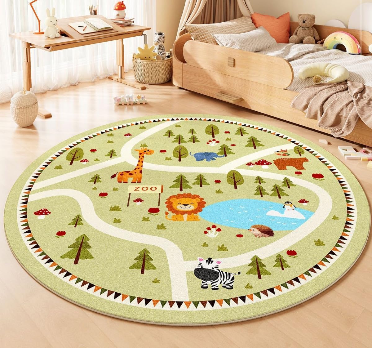 Round Area Rugs Fluffy Carpets Nursery Area Rug Crawling Play Mat for Children Toddlers Bedroom Boy Shaggy Decor for Teenage Rug for Bedroom Living Room Green Animal Lion (Green, 120x120cm)