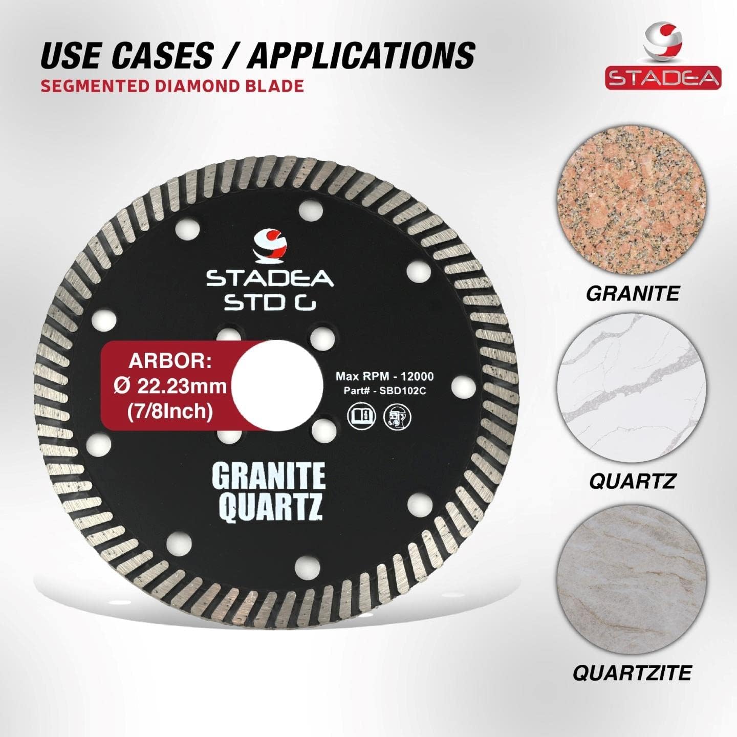Stadea SBD114C Diamond Saw Blade 6-Inch Continuous Turbo Dry Cutting - Cuts Granite Quartz Quartzite, Fits Grinder, Saw Cutter, 8 MM Segments - Pack of 5