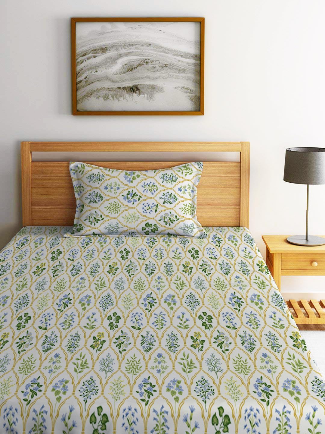 LOOMLYFE 300 TC Cotton Feel Glace Elastic Fitted Printed Single Bed Bedsheet with 1 Pillow Cover Fits Upto 6 Inches Mattress,Size- 42X75X8 Inches, YellowJaipuri