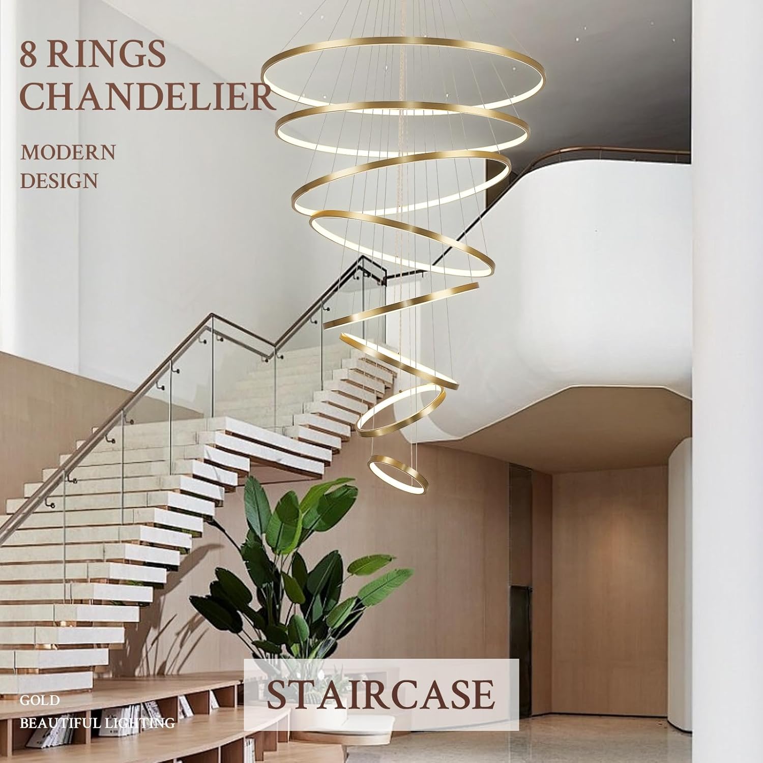 Modern LED Chandelier 8 Rings Dimmable Gold High Ceiling Chandelier Foyer, Large LED Contemporary Pendant Lighting for Staircase Entryway Living Room, D35’’ 3000K-6500K