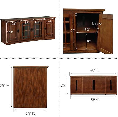Miniatura 9 de Leick Home 82360 Soporte de TV de madera maciza Mission Oak de cuatro puertas para televisores de 65" Consola universal de TV para sala de estar,