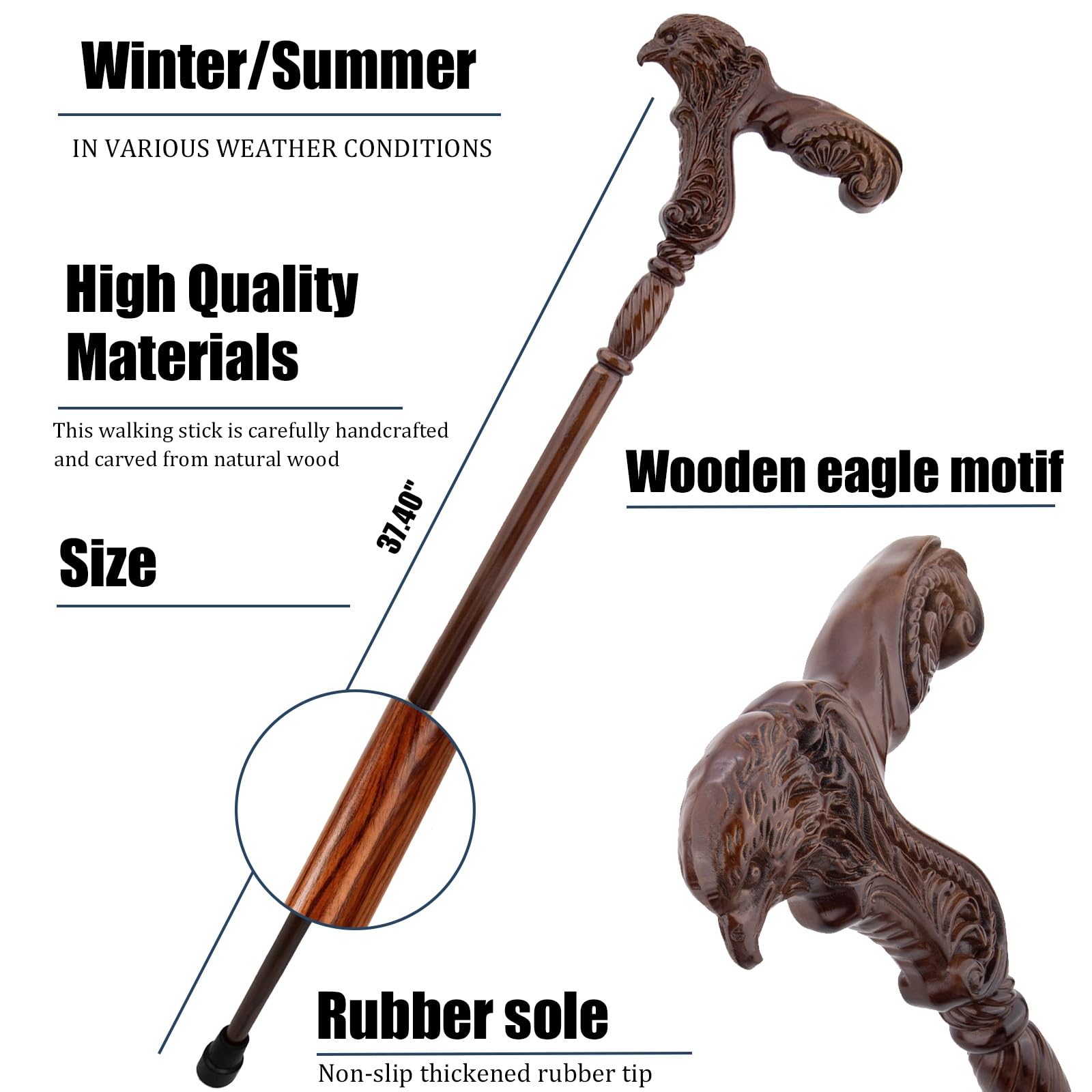 Bastoni da Passeggio In Legno con Motivo Aquila, con Impugnatura Ergonomica e Punta in Gomma Antiscivolo, Bastone Decorativo di Lusso Cospaly per Uomo e Donna 95 Cm