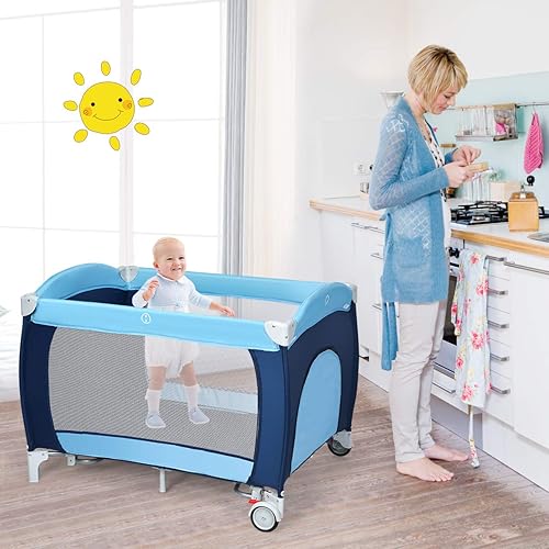 Miniatura 2 de HOMGX Pack and Play On The Go Playard, 3 en 1 para interiores y exteriores, multifuncional, plegable, moisés para viajes, con música, toldo, tapete