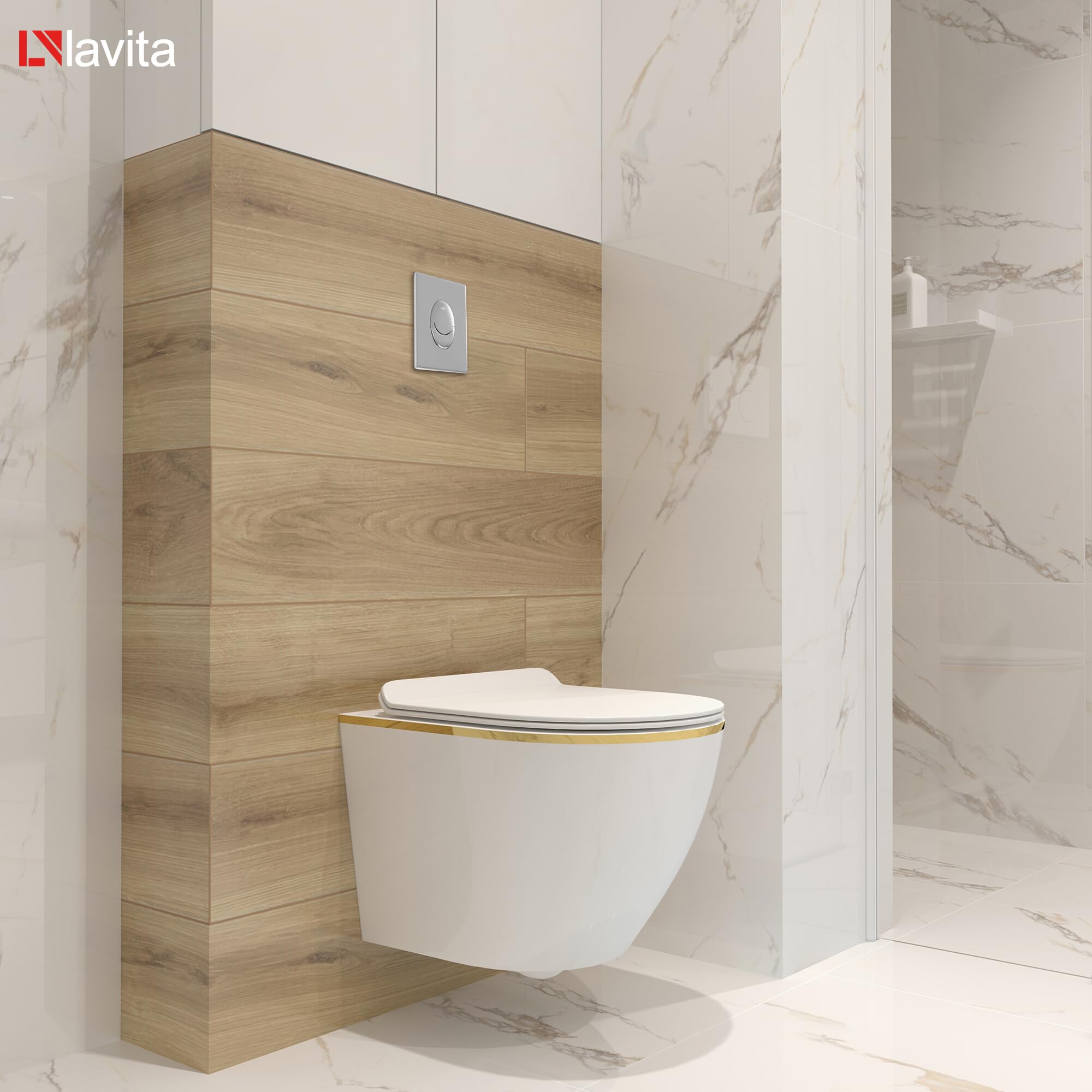 Lavita Vorwandelement Solido Start + Wand Hänge WC Sofi Slim Gold Line Spülrandlos + WC Sitz mit Absenkautomatik Verchromter Knopf Komplettset Unterputz Spülkasten Toilette Komplett Sett WC