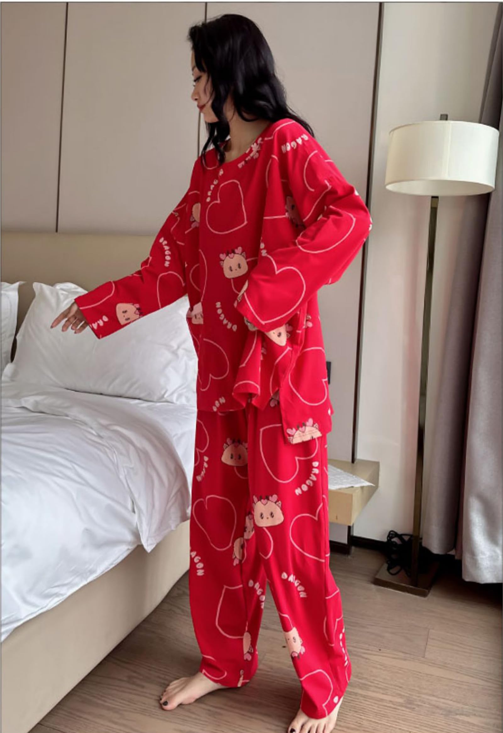 Pijama de algodón Conjunto,2 Piezas de Ajuste Flojo de Manga Larga Ropa de Dormir Loungewear Pjs Set 4XL/ 5XL