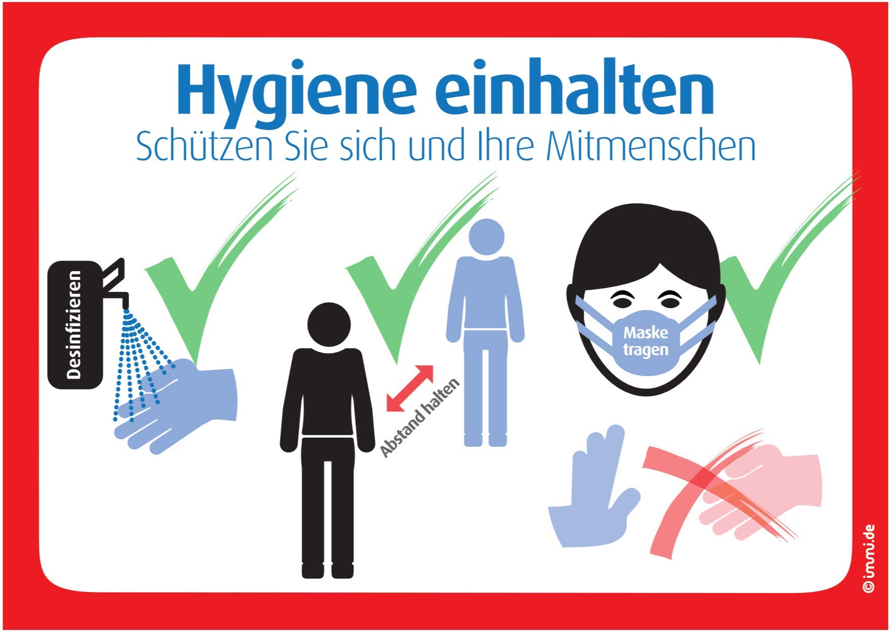 immi 4x Hygiene einhalten Hände desinfizieren, Abstand halten, Maske tragen, A6
