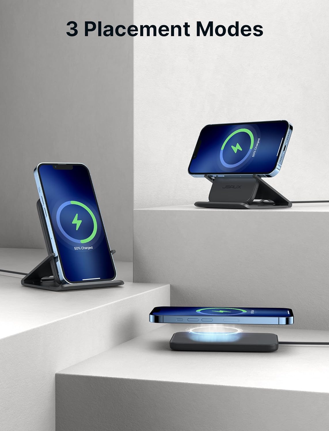 A person working at a desk with a smartphone charging vertically on the JSAUX stand, illustrating the ergonomic viewing కోణం.