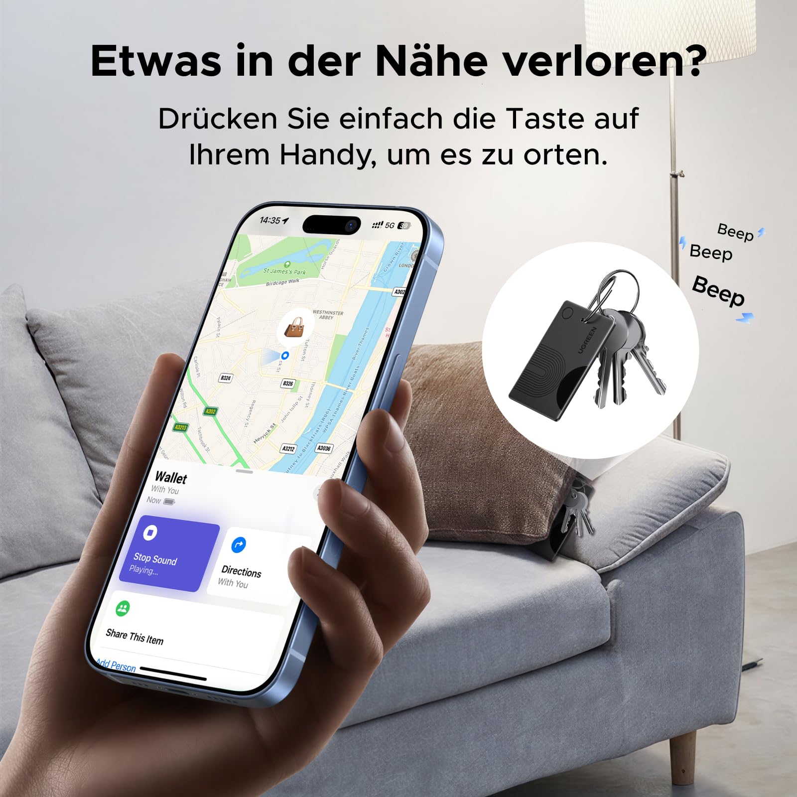 UGREEN FineTrack Slim unterstützt magnetisches kabelloses Laden, Bluetooth Tracker Karte kompatibel mit Apple Find My (nur iOS), Geldbörsenfinder bis zu 1 Jahr Akkulaufzeit, SmartTag für Reisepässe