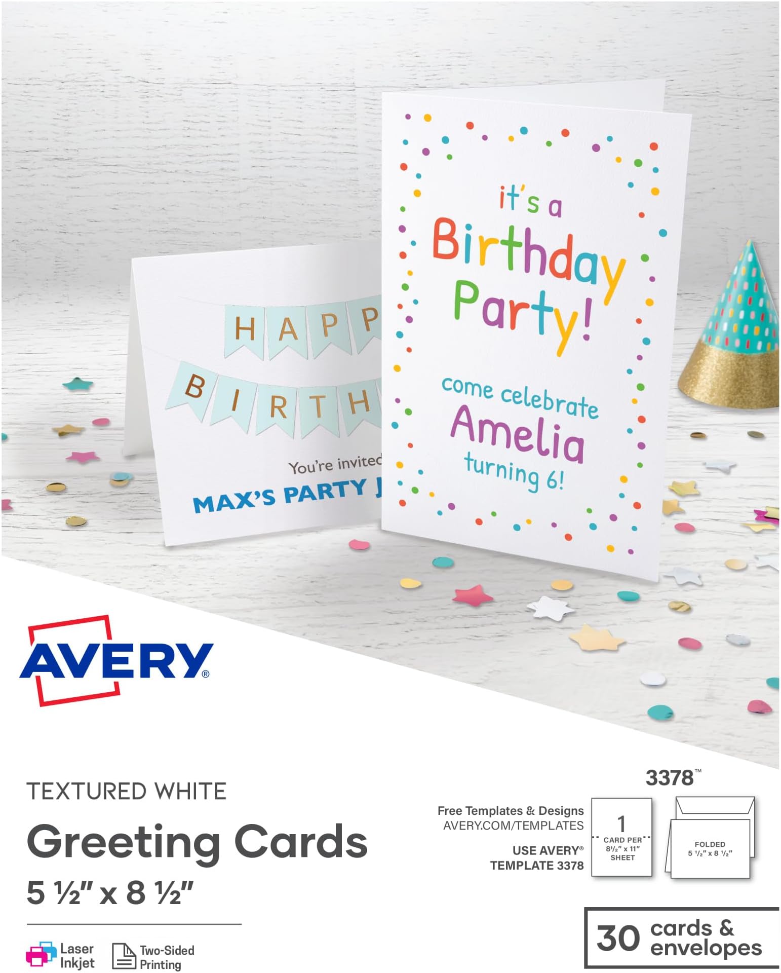 Avery Printable Half-Fold Greeting Cards, Envelopes Included, 5.5" x 8.5", Textured White, Laser & Inkjet Compatible, 30 Blank Cards Total, Great for Product Branding, Marketing, and More (3378)