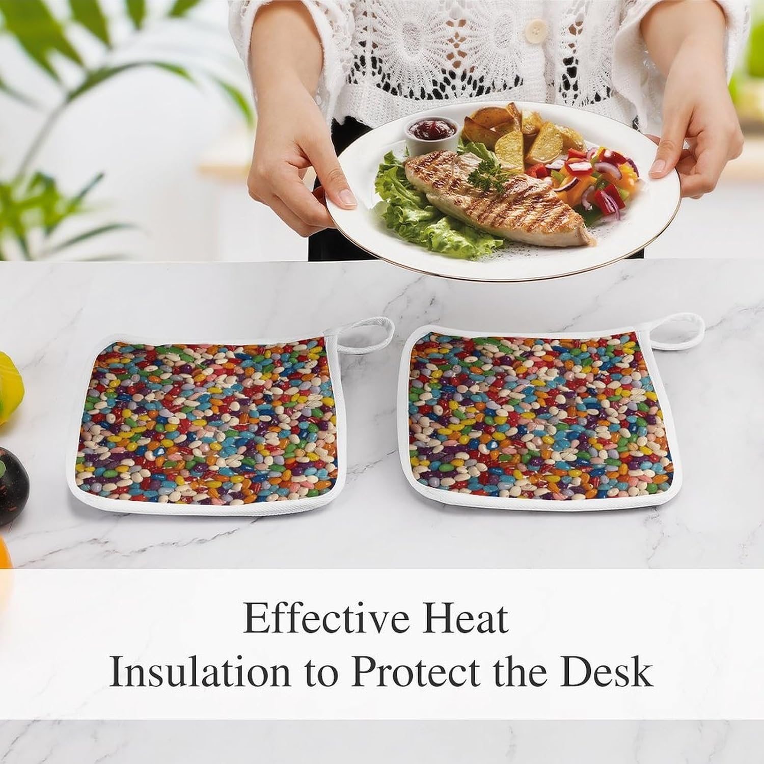 Square Potholders 2-Piece Set,Assorted Jelly Beans Printed Kitchen Insulation Mats Heat-Resistant Non-Slip Insulation Mats with Hanging Rings for Kitchen Cooking Baking BBQ