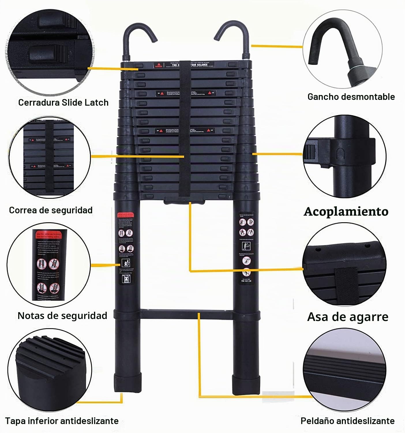 Escalera telescópica extensible plegable de aluminio de 6,2 m (20,3 pies) con gancho desmontable, segura y compacta, capacidad de carga de 150 kg, certificado EN131 para hogar, oficina y exteriores