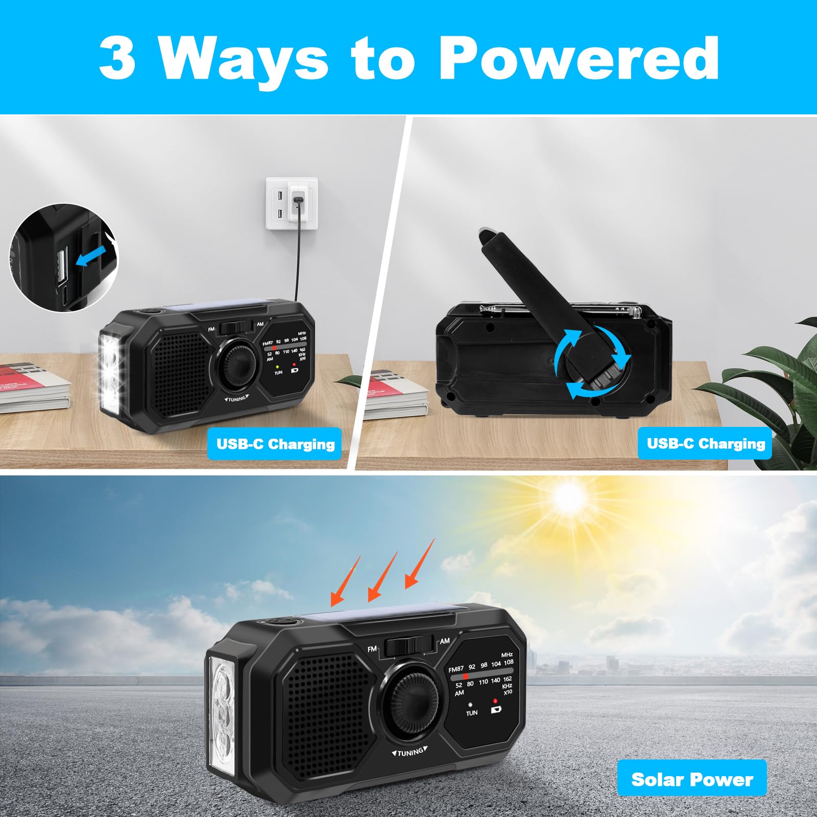 Radio a Manovella Radio Energia Solare di Emergenza Radio Solare FM/AM Radiolina a Manovella Dinamo con Batteria Ricaricabile da 2500 mAh/Allarme SOS e Torci Radio Solare Piccola per Casa e All'aperto