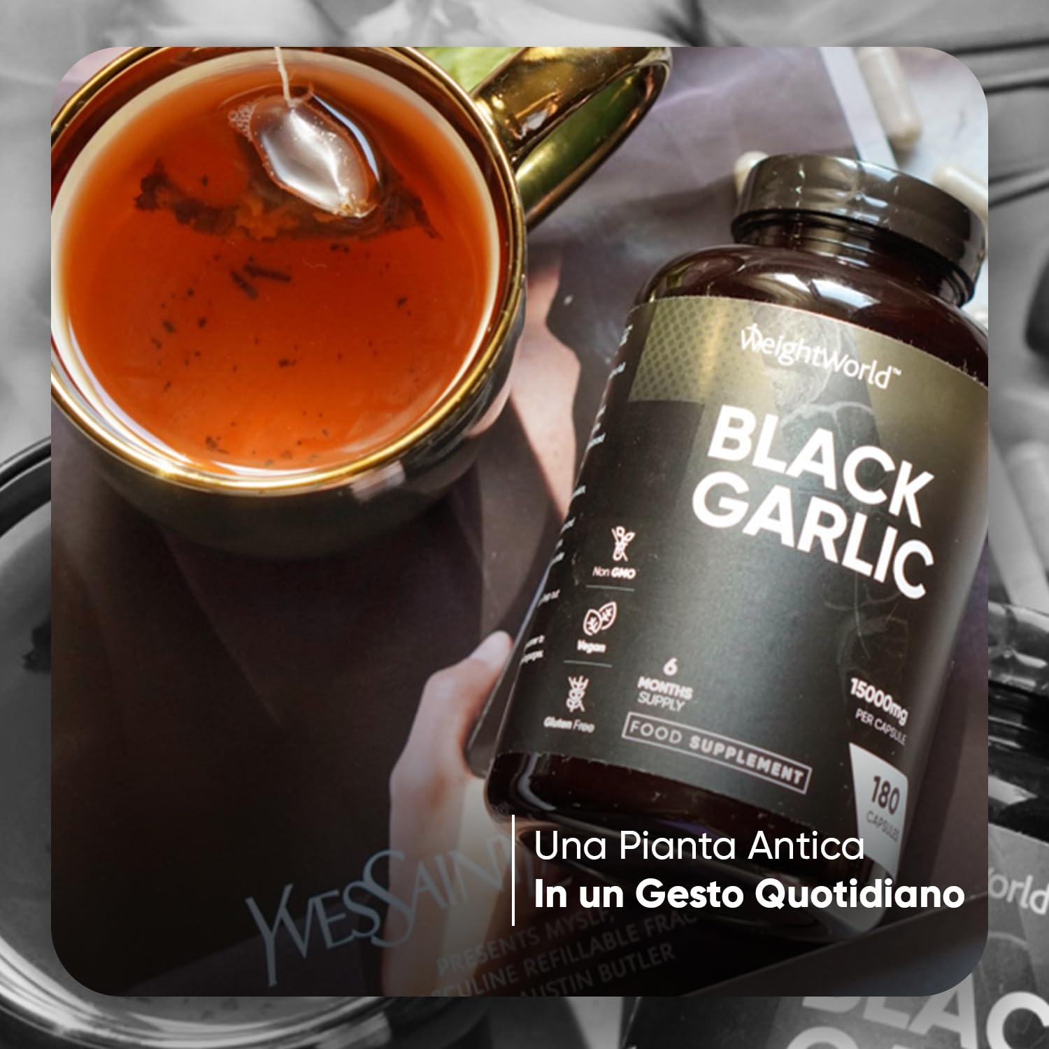 Aglio Nero Fermentato, 6 Mesi di Scorta, Estratto 100:1, 1 Sola Capsula al Giorno, Vegano, 180 Aglio Nero Capsule da 15000mg Ciascuna, da Allium Sativum, Senza Glutine, Senza Magnesio Stearato né OGM