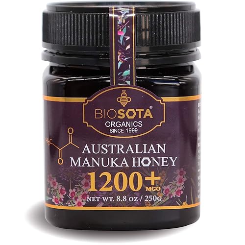 BIOSOTA Miel de Manuka orgánica MGO 1200+ - Miel de Manuka de grado médico de Australia NPA/ULF 25+, miel pura 100% cruda sin calentar, 8.8 oz