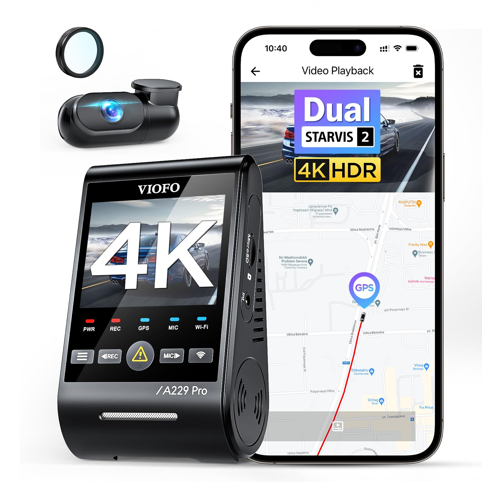 VIOFO A229 Pro 4K + 2K Dual STARVIS 2 HDR Dashcam Auto, Sprachsteuerung & 5GHz Wi-Fi, GPS mit CPL Filter, Super Nachtsicht 2.0, bis 512 GB