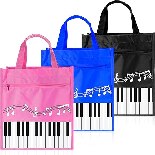 Cunno 3 piezas de llavero de piano reutilizable, bolsa de compras de hombro para regalos de profesores de música, Azul,Negro