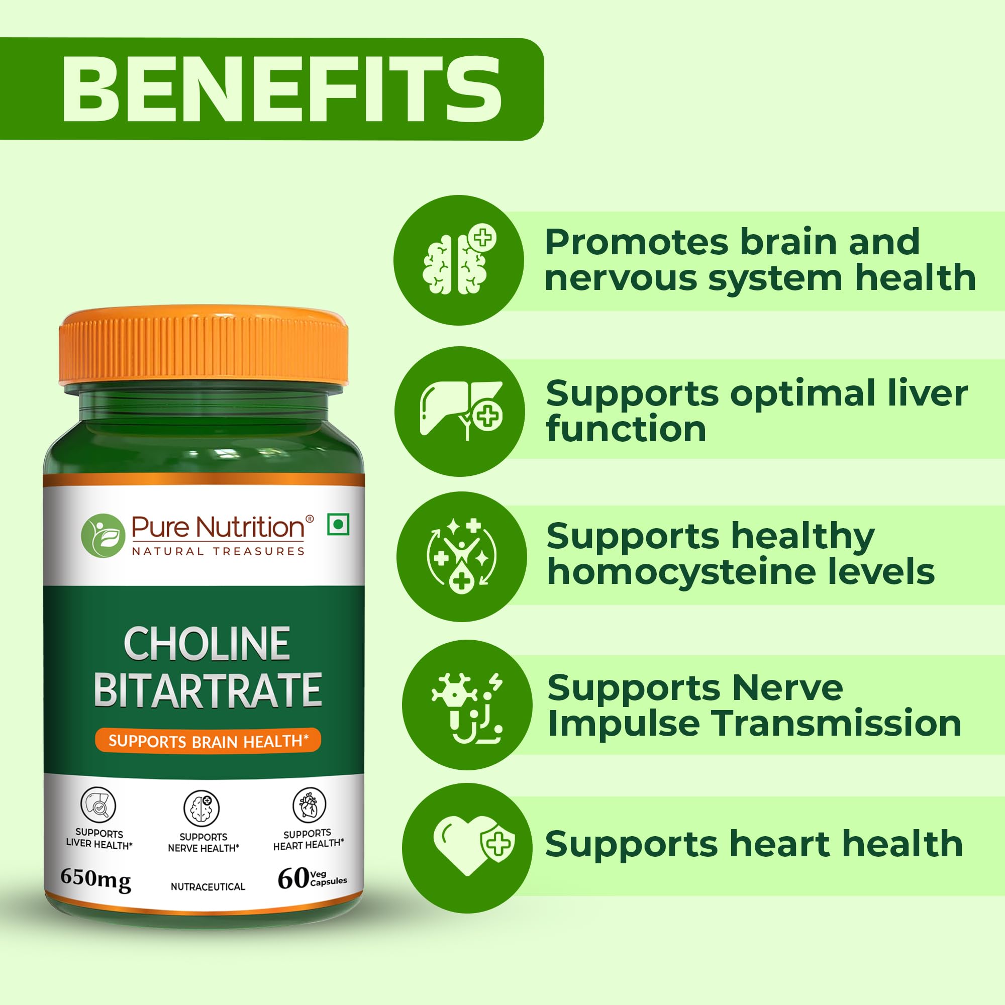 Pure Nutrition Choline Bitartrate (650mg) – 60 Veg Capsules (60×2) | Supports Brain, Nerve, Liver & Heart Health | Nootropic Supplement for Cognitive Function 1