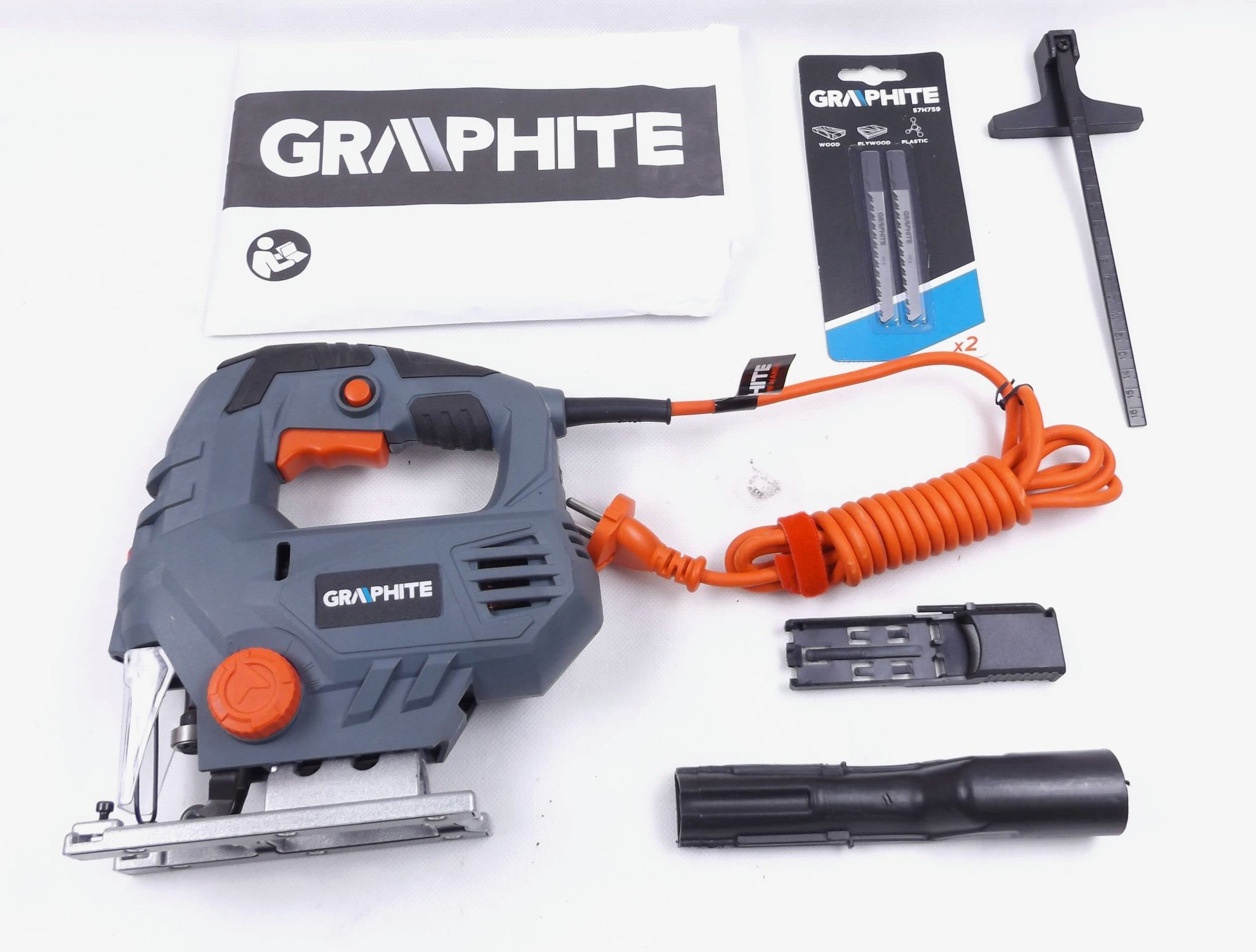GRAPHITE Wyrzynarka 800W, ilość suwów 0-3100 min-1, walizka, do precyzyjnego i szybkiego cięcia drewna i metalu; dioda LED; akcesoria klucz specjalny, brzeszczot - 2szt., prowadnica,