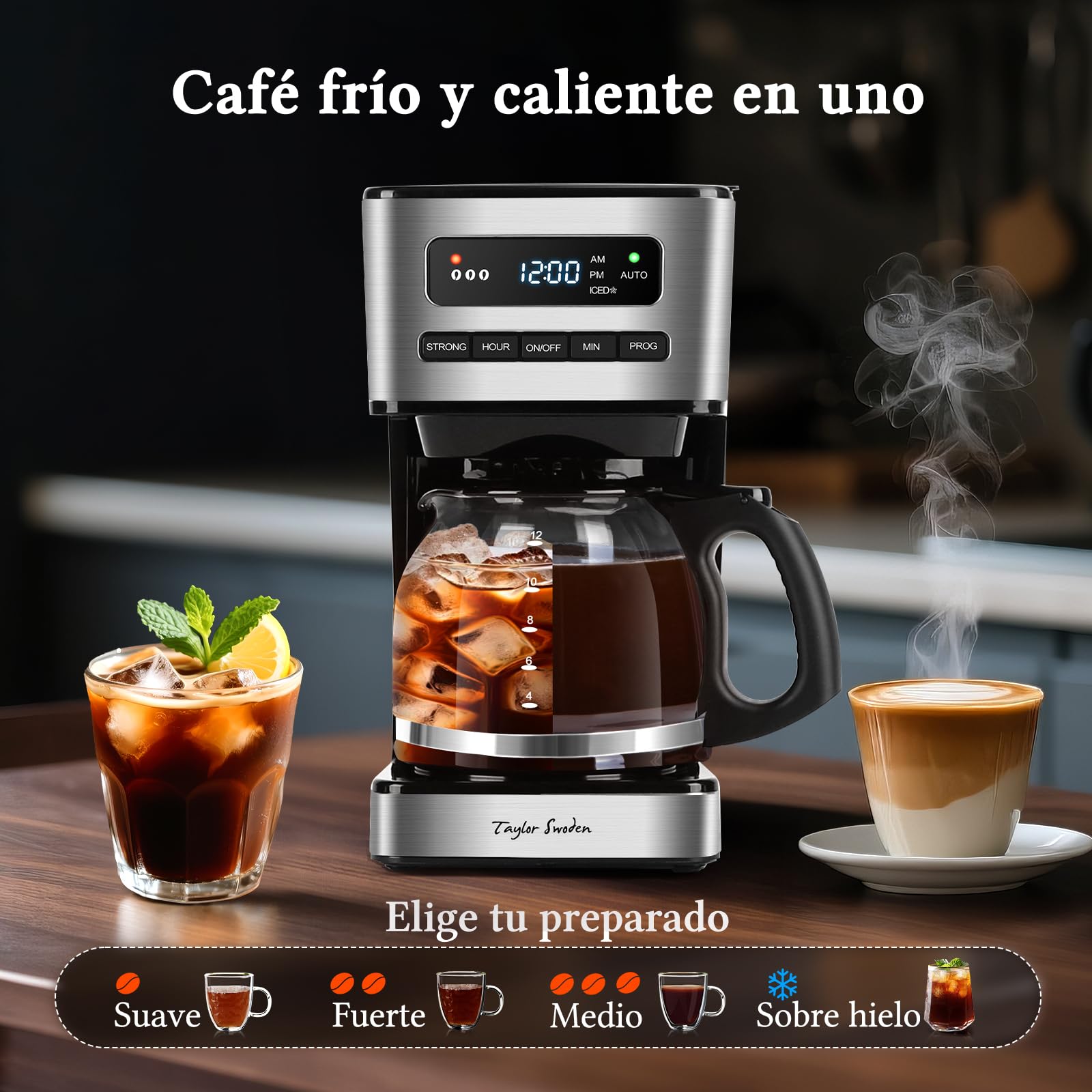 Taylor Swoden Cafetera Goteo 12 Tazas(1.8L) - Programable 24H con LED, 3 Niveles + Modo Café Helado, Jarra Borosilicato, 40 Min Mantener caliente+Autoapagado, Autolimpieza, Antigoteo, Inoxidable, 900W