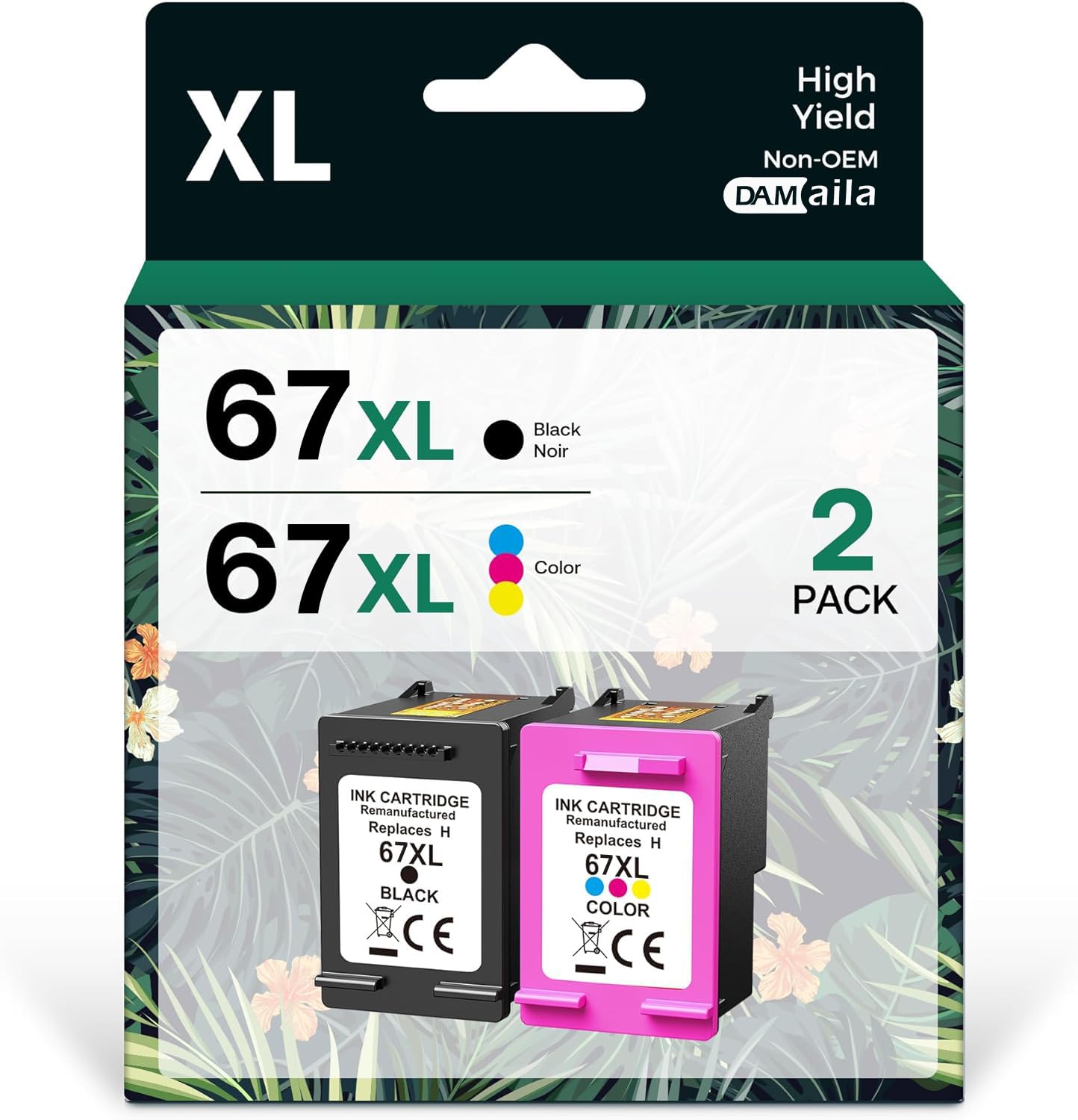 67XL Printer Ink Replacement for HP 67 Ink cartridges Black/Color Combo Pack Remanufactured for DeskJet 2700 2700e 2755e 2755 4155e Envy 6055e 6055 6000 6400 6455e 6475 6452 6458 (2 Packs)