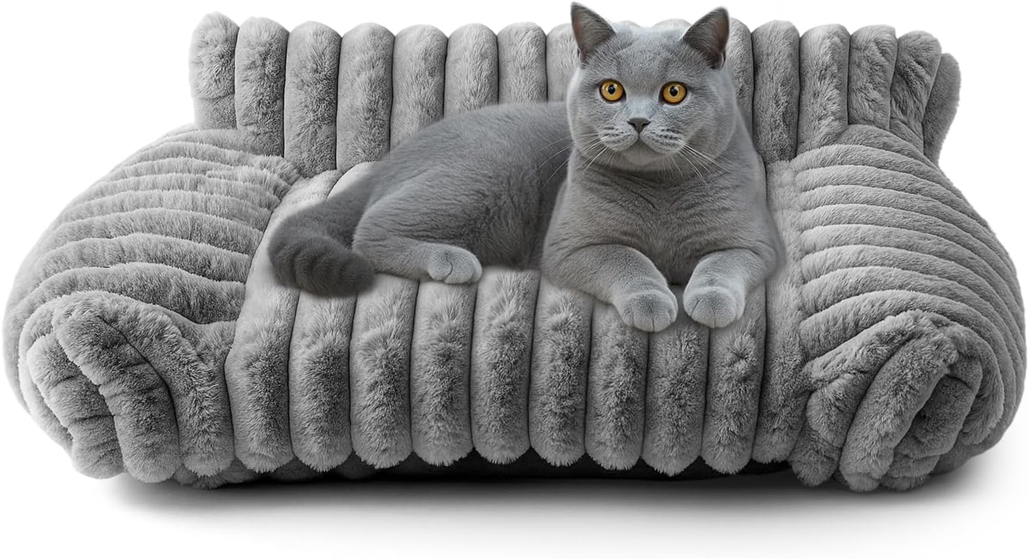 Soft Plush Pet Sofa Bed for Cats & Small Dogs – Cozy Raised Cushion with Removable Cover, Non-Slip Bottom – Ideal for Indoor Lounging & Resting (Grey)