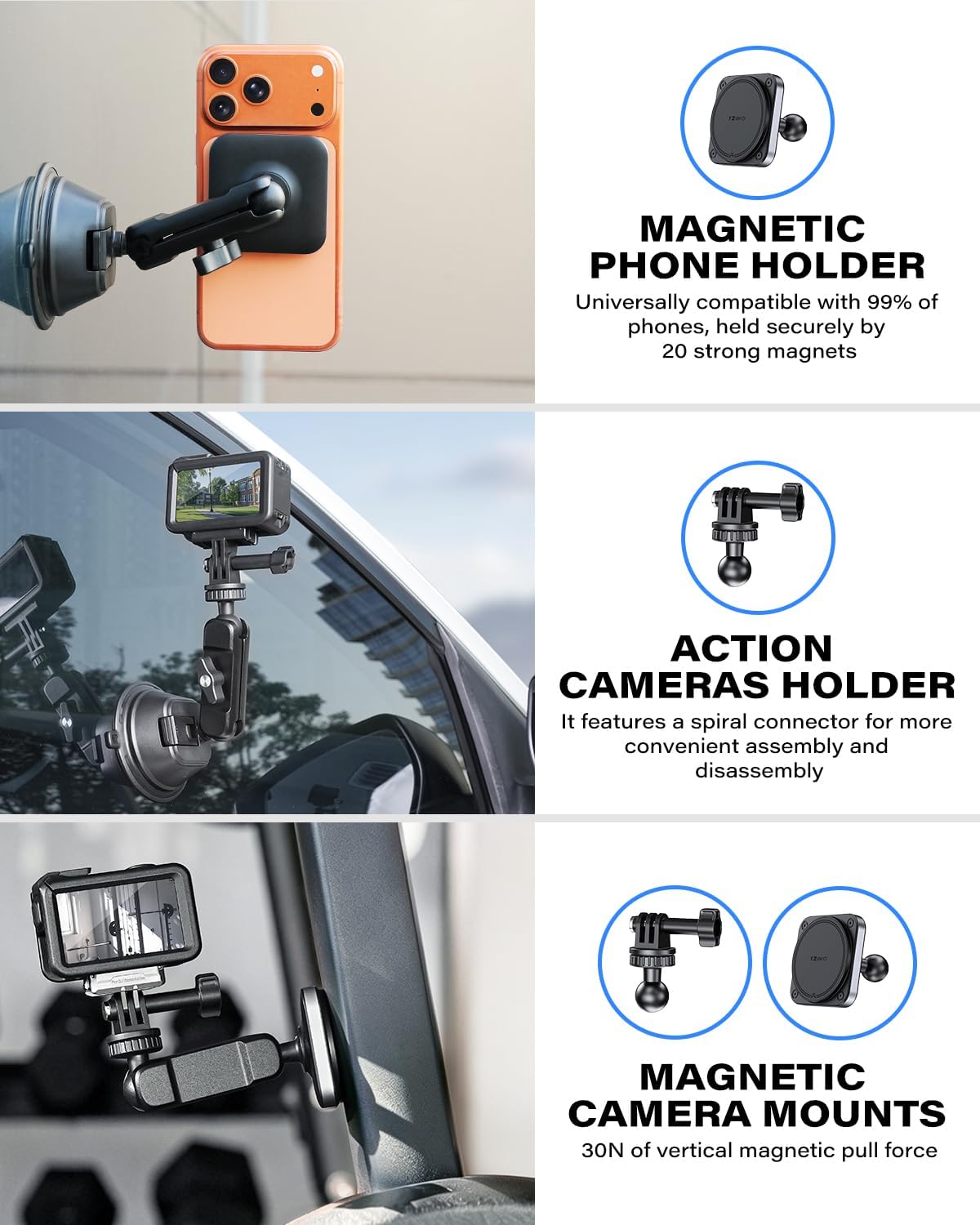 1Zero Dual Suction Cup Car Mount for GoPro Action Camera & Phone, Magnetic Mount for Go Pro, 3-in-1 Car Phone Holder for Magsafe, Compatible with GoPro Hero13/12/11/10/9 Insta 360 DJI Osmo Action