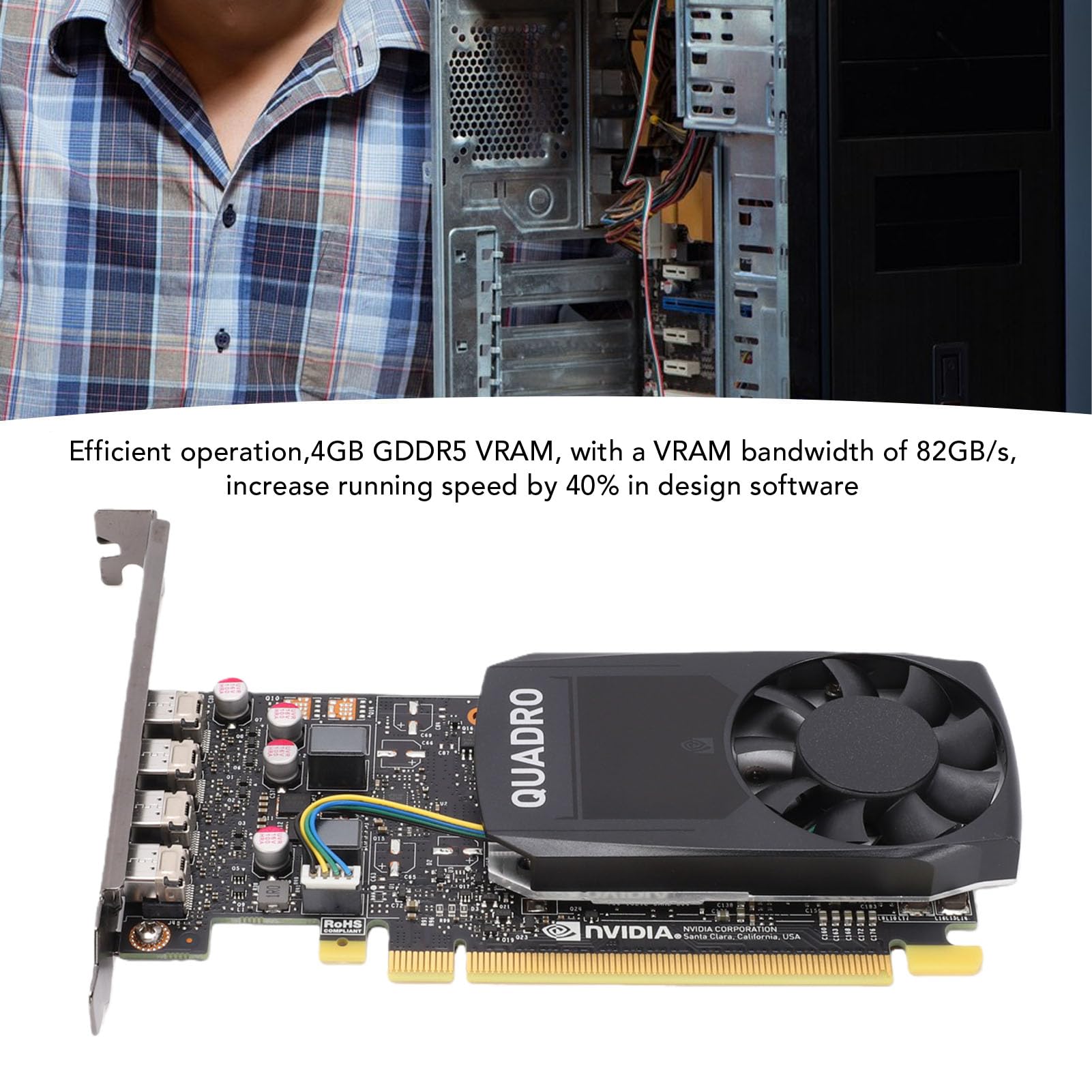 VBESTLIFE Karta Graficzna 4 GB GDDR5, 640 Rdzeni, 4 Wyjścia DisplayPort 4K z Renderowaniem Przyspieszanym Przez GPU, do Modelowania 3D i Edycji Wideo na Stacjach Roboczych