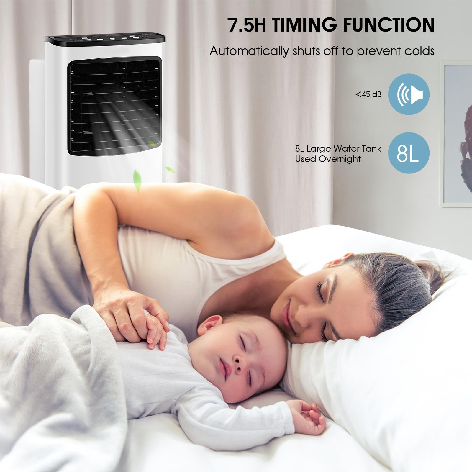 SOARS Ventilatore Senza Tubo 75W, 3 in 1 Air Cooler & Ventilatore & Umidificatore con Telecomando, 3 Velocità, Timer 7,5H, Serbatoio Acqua 8L, 38 X 28 X 74 CM, per Salone, Camera da Letto, Ufficio