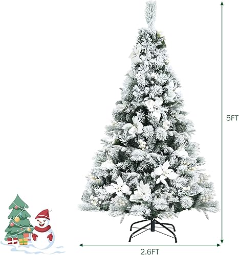Miniatura 23 de Goplus Árbol de Navidad artificial flocado de nieve de 6 pies, árbol de Navidad con bisagras con soporte de metal plegable, bayas blancas y flores
