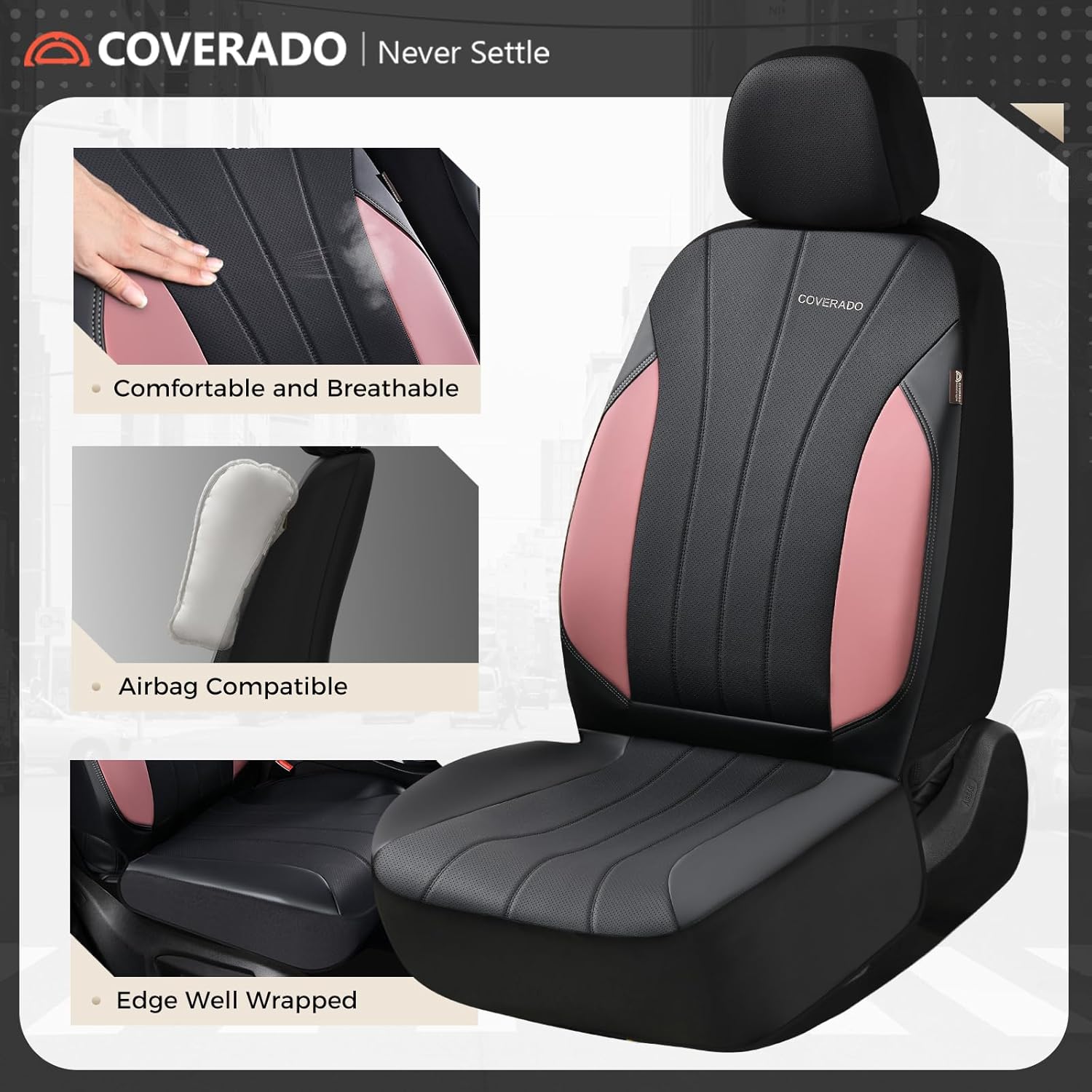 Coverado Automotive Car Seat Covers, Luxury Seat Covers Full Set, Leather Car Seat Protectors with Storage Bags, Pink Driver Seat Covers Universal Fit for SUVs Trucks Sedans