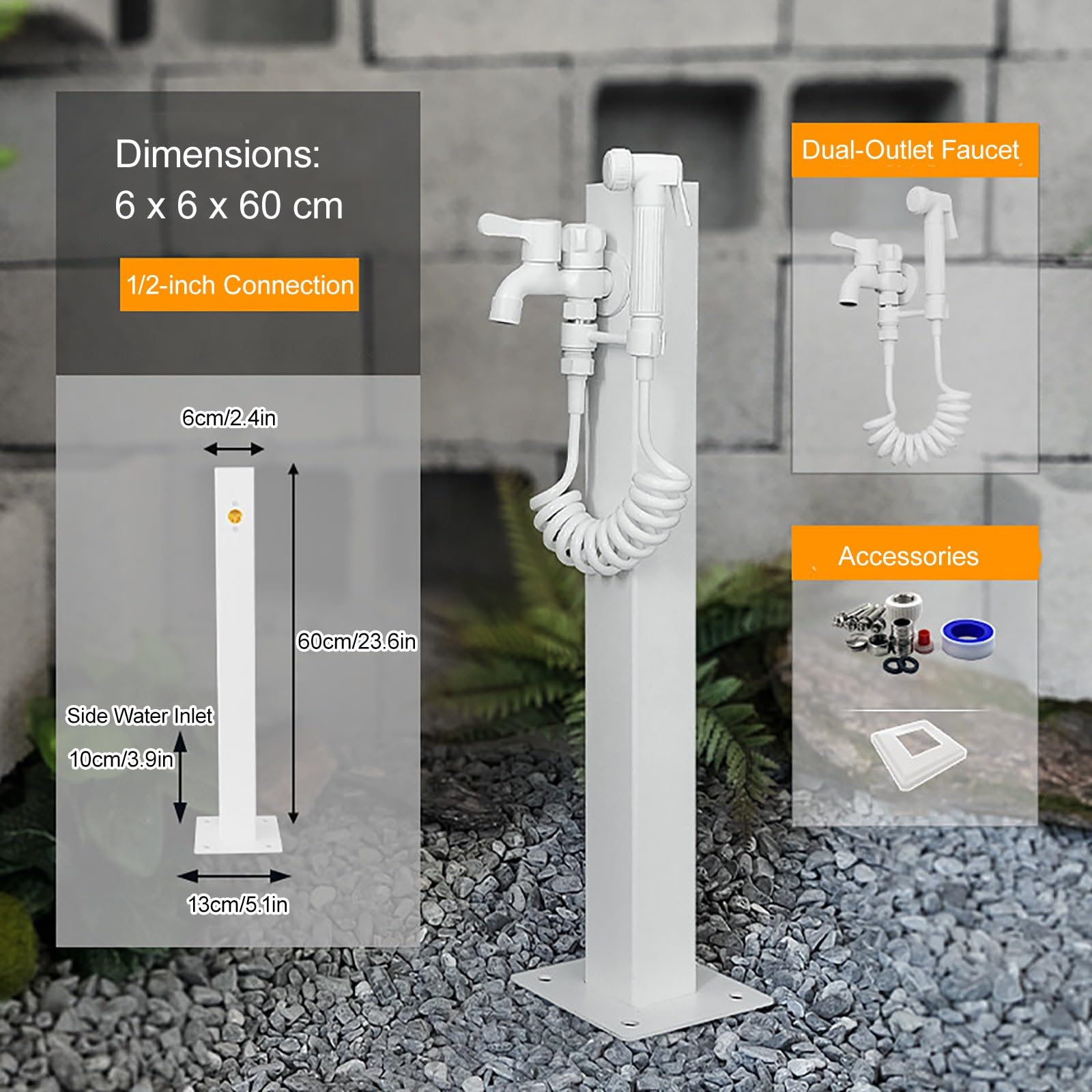 Columna de Agua Cuadrada Independiente para jardín Vertical Exterior con Soporte para Manguera Grifo 2 en 1 y Pistola rociadora Fuente de Agua Decorativa para riego (6 * 6 * 60 cm / 2 4 * 2 4 * 23 6
