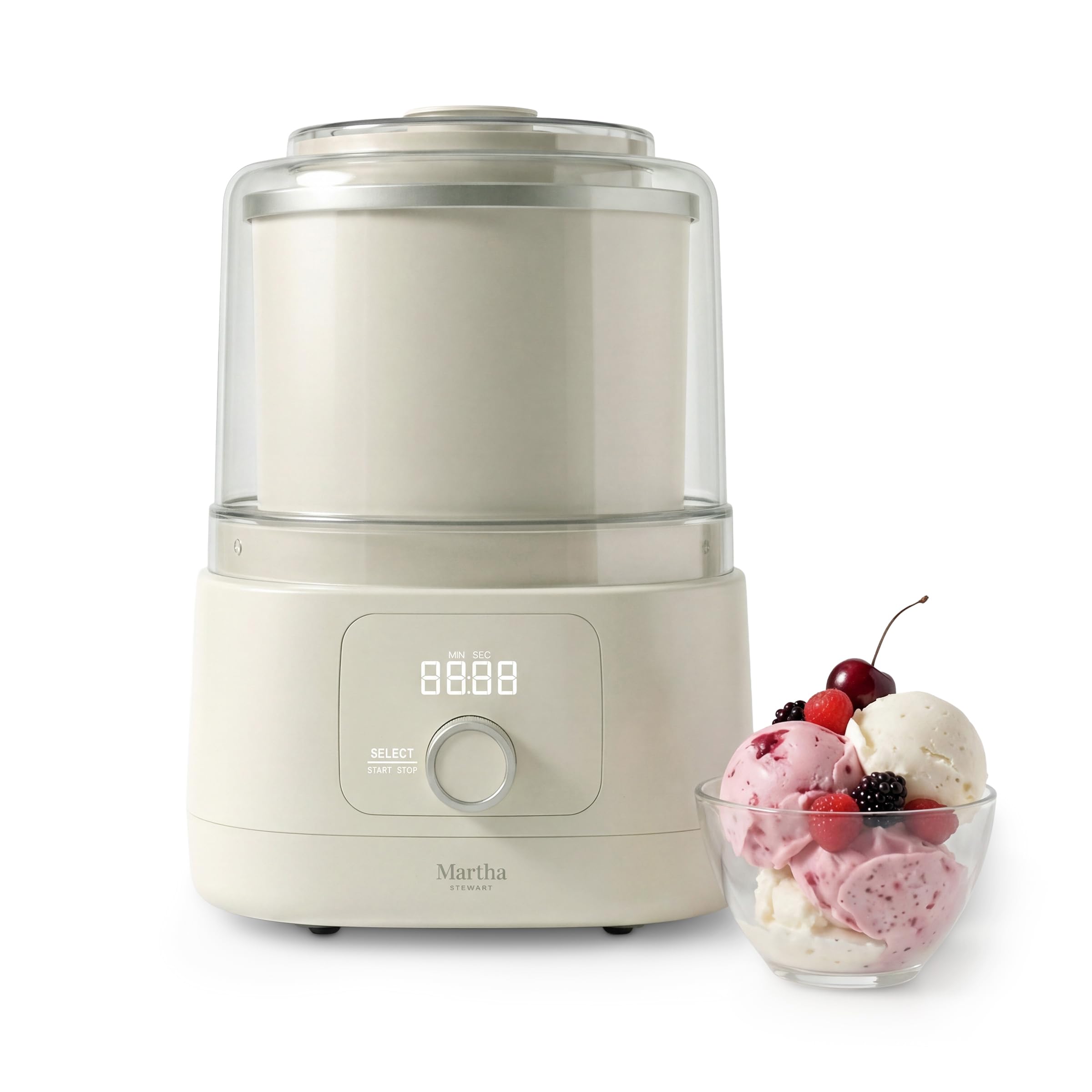 Martha Stewart Ice Cream Maker, 2 Quart Double-Insulated Freezer Bowl, Sorbet & Frozen Yogurt, Ready in 20 Minutes, Mix-Ins Chute, Easy to Clean, Linen Cream 2QT Ice Cream Maker Linen Cream