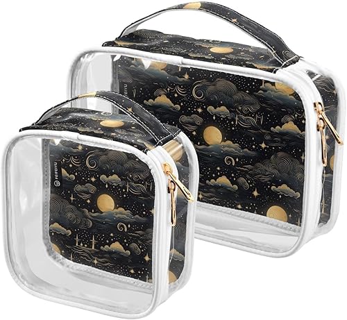 Bolsa de aseo transparente Gold Galaxy Moon Sun Stars para viajes, paquete de 2 bolsas de cosméticos de maquillaje con cremallera, bolsa de viaje