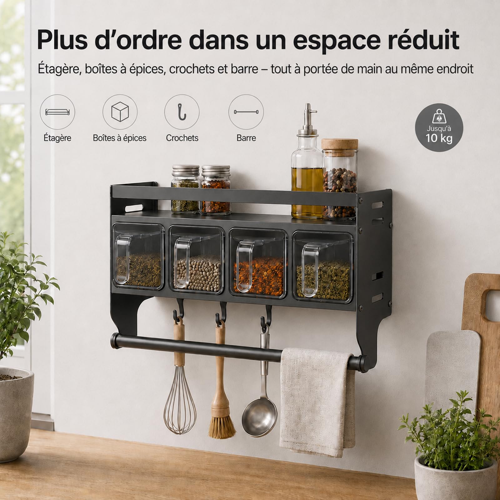 Porte-épices sans perçage, porte-épices pour cuisine à suspendre, avec porte-rouleau d'épices mural avec pots pour le stockage dans la cuisine d'épices,huile (avec 4 boîtes