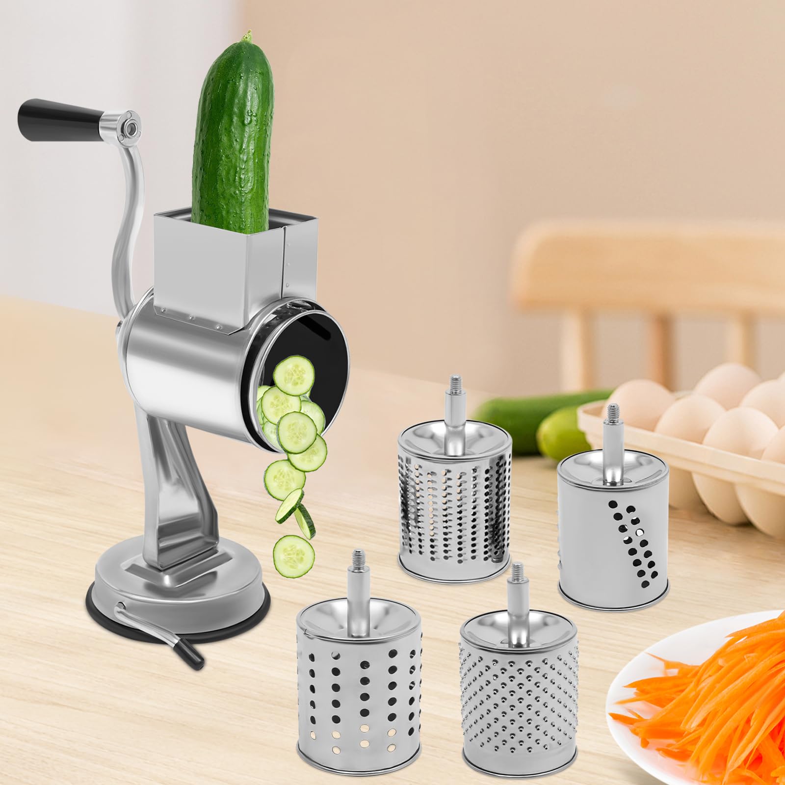 Rallador de tambor de acero inoxidable con 5 cuchillas, rallador de queso manual y rallador de verduras con manivela, rallador de cocina multifuncional para parmesano, nueces, patatas, apto para