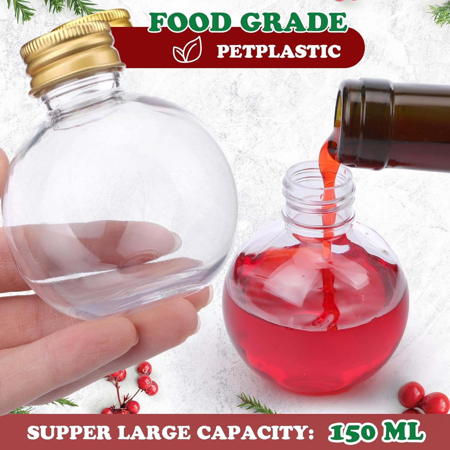 Patelai 18 Pcs Christmas Drink Balls Shot Glass Ornament Plastic Fillable Xmas Tree Ornaments Clear Xmas Water Bottle Bulbs for Holiday Party Decoration(Round,150 ml)