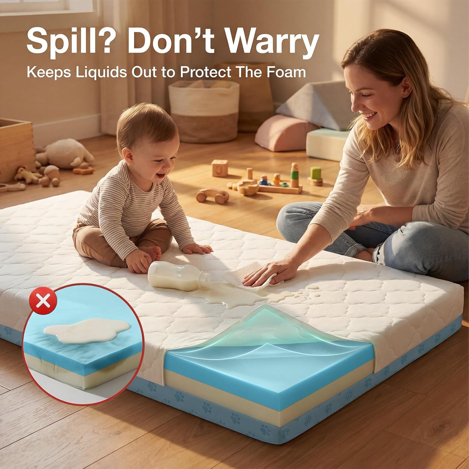 Bi-Fold Pack and Play Mattress, 3 Inch Thick Soft & Firm Memory Foam Breathable Portable Pack n Play Mattresses, Baby Playpen Mattresses with Removable Washable Cover 38x26x3 Inch - Blue