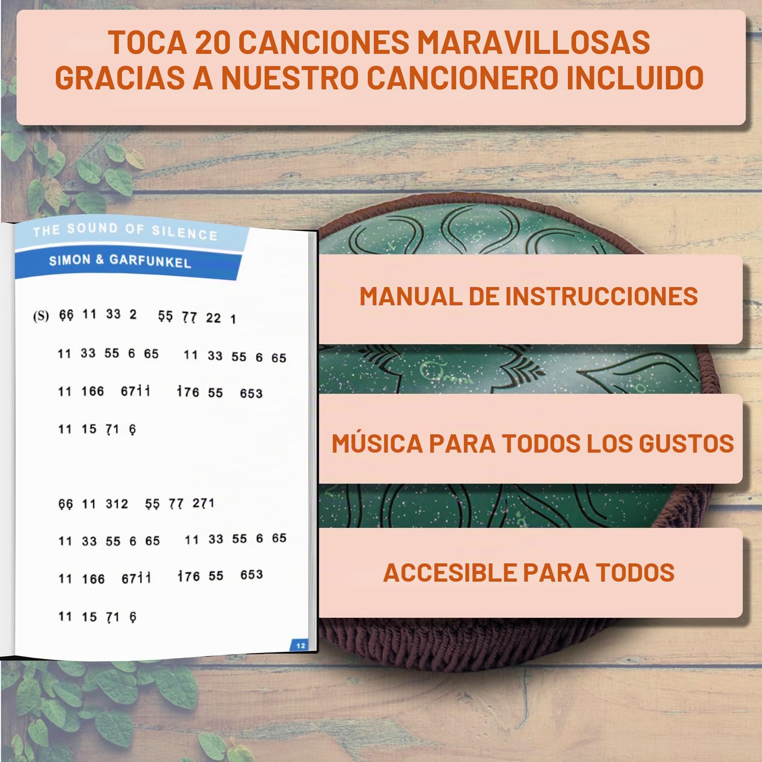ORORA Handpan Steel Tongue Drum (12 pulgadas 13 notas) – Instrumento musical infantil y adulto – Tambor zen y meditación – Ebook de 20 partituras – Regalo original de relajación
