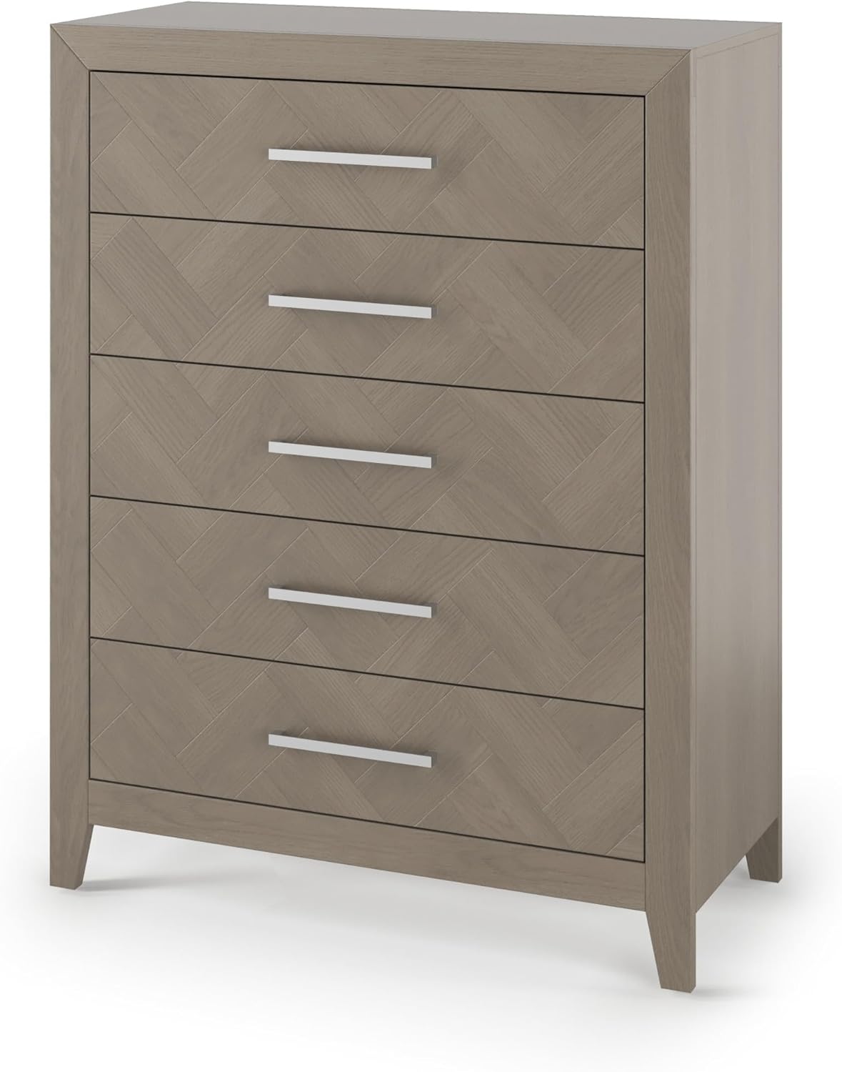 Child Craft Kieran 5-Drawer Chest, 39" W Transitional Modern Nursery Chest with Herringbone Drawer Fronts, Metal Pulls, Baby-Safe Finish, Crescent Gray