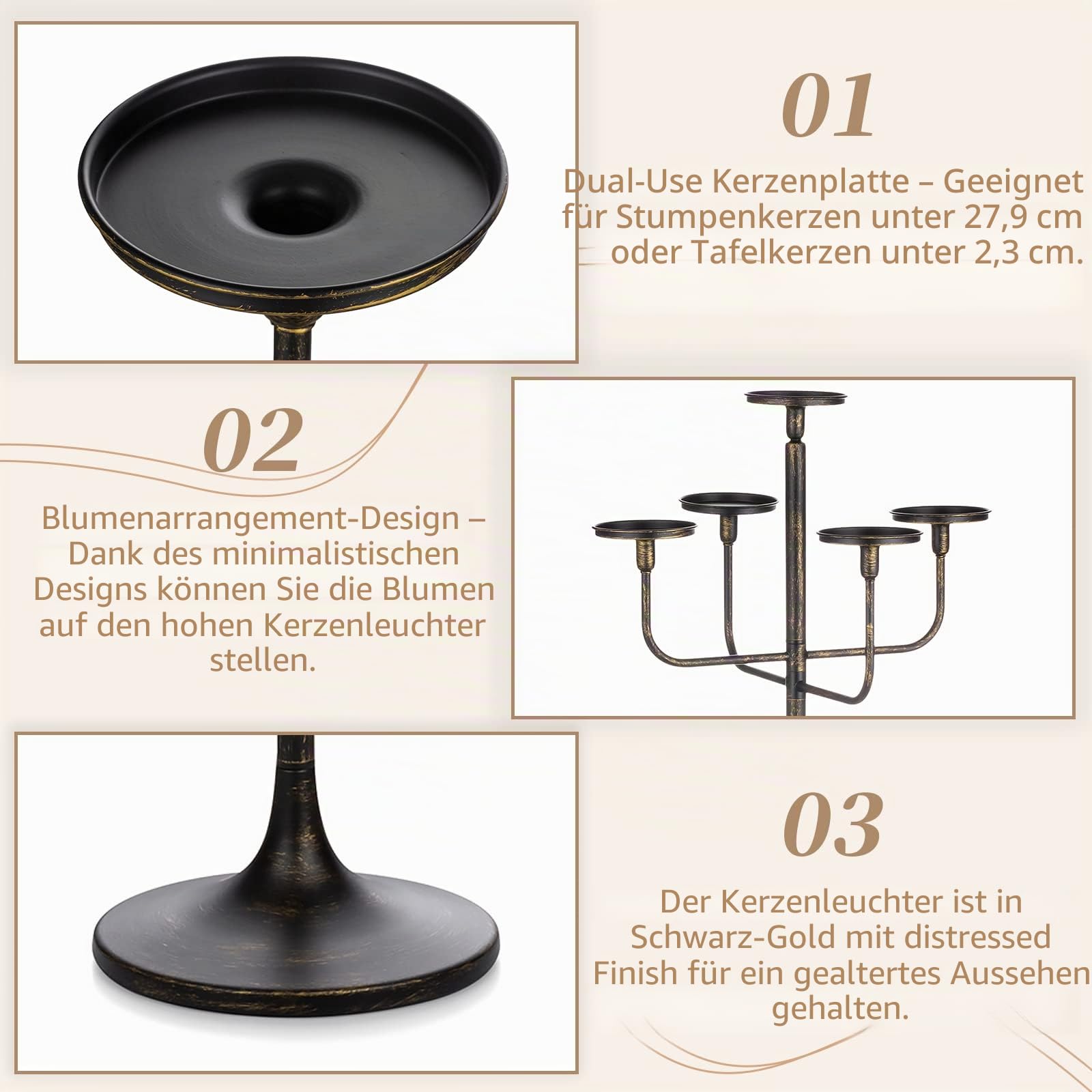 Sziqiqi Schwarzer Boden-Kerzenhalter, 5-armig, 121,9 cm hoch, Kerzenhalter für Kerzenständer, Stumpenkerzen, Metall, Blumendekoration, Ständer, Halloween, Hochzeit, Party, Event